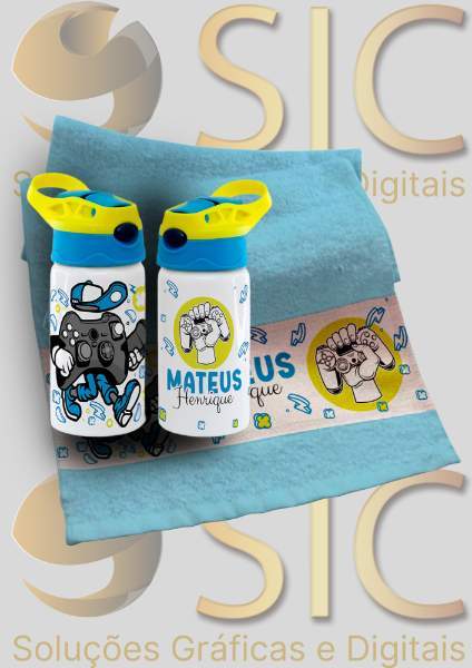 KIT Garrafa Squeeze 500ML KIDS + Toalha Lavabinho Personalizado